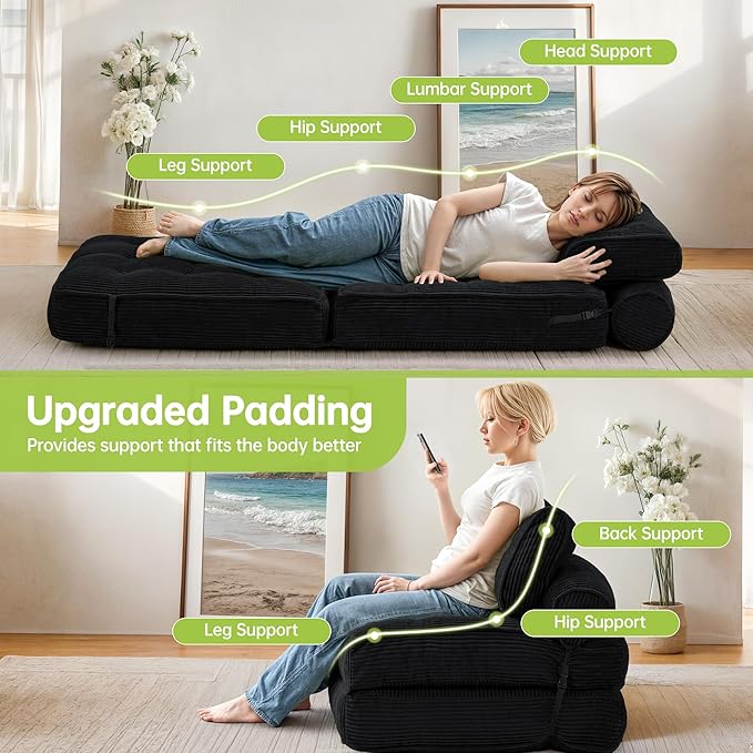 Folding Sofa Bed Convertible Foldable Chair Bed Floor Couch for Adults Comfy Floor Sofa Small Couches for Small Spaces Black