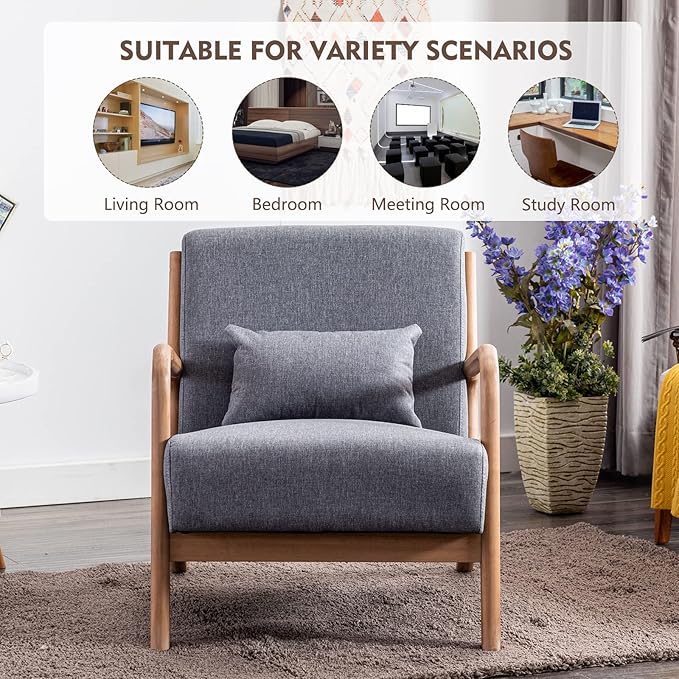 ANJ Mid Century Modern Accent Chair Single Fabric Lounge Reading Armchair with Solid Wood Frame Easy Assembly Arm Chairs for Living Room Grey