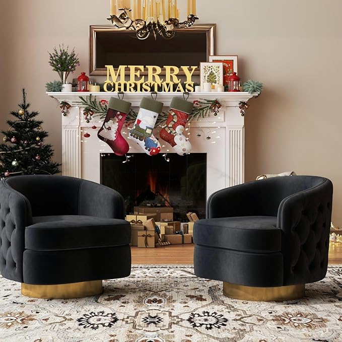 Black Modern Accent Chair Swivel Barrel Armchair for Living Room Button Tufted Velvet Comfy Chairs Round Upholstered Single Sofa Seating with Gold Base
