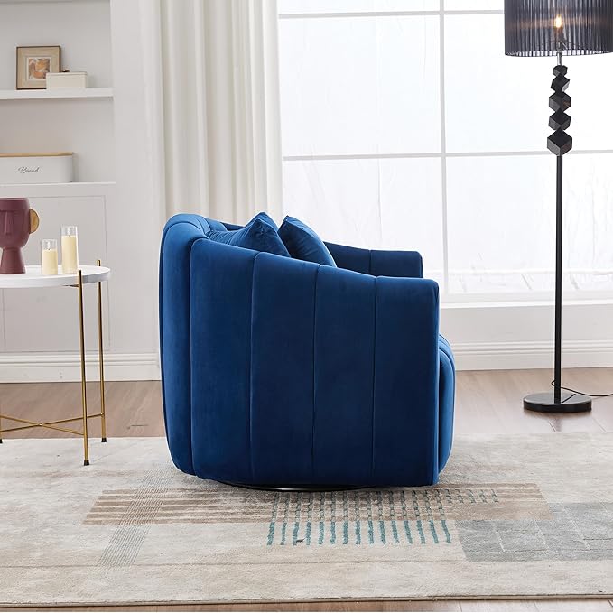 360° Swivel Barrel Chair with Curved Backrest 40 W Velvet Armchair with 3 Soft Pillows Accent Lounge Chair with Channel Tufted Design for Living Room Bedroom Studio Navy