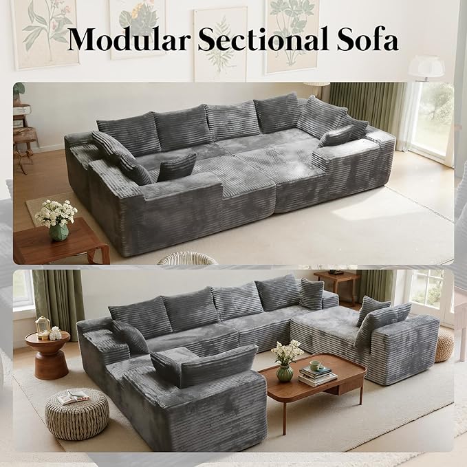 139'' U Shaped Sectional Couches for Living Room 8 Seater Faux Fur Modular Boneless Cloud Sofa with Chaise Lounges 4-in-1 Flexible Combination Deep Seat Corner Large CouchNo Assembly Light Grey