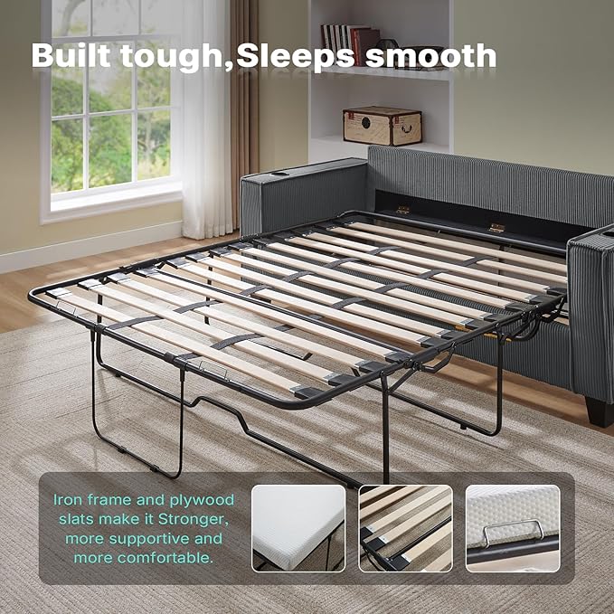 2-in-1 Pull Out Sofa Bed 88 Queen Size Sleeper Sofa Corduroy Convertible Loveseat Sleeper for Living Room Guest Room Apartment Home Office（Grey）