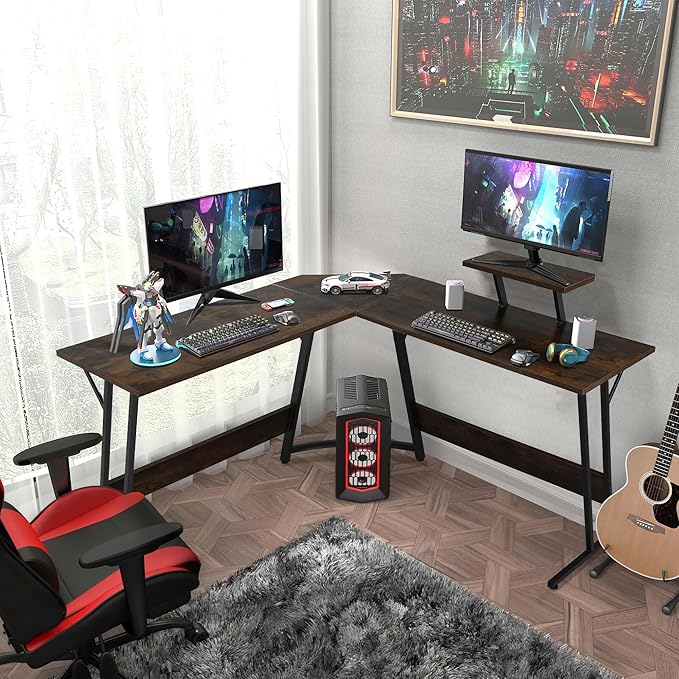 L Shaped Gaming Desk Modern Computer Desk Home Office Desks with Large Monitor Riser Stand Sturdy PC Desk for Bedroom Minimalist Brown 50Inch
