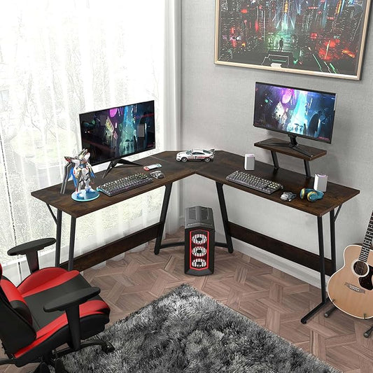 L Shaped Gaming Desk Modern Computer Desk Home Office Desks with Large Monitor Riser Stand Sturdy PC Desk for Bedroom Minimalist Brown 50Inch