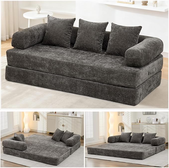 79 Inch 4-in-1 Convertible Sofa Bed Boneless Couches Chenille Folding Sleeper with Pull Out Bed Floor Futon Modular Lounge Loveseat Compressed Sofa No Assembly Required for Living Room (Gray)