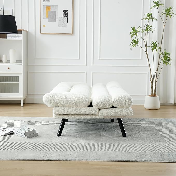 Modern White Teddy Convertible Folding Futon Couch Sofa Bed Adjustable Pillow Top Arm Memory Foam Couch Double Loveseat Sofa for Compact Living SpaceDormGame StudioApartmentBedroom (White Teddy)
