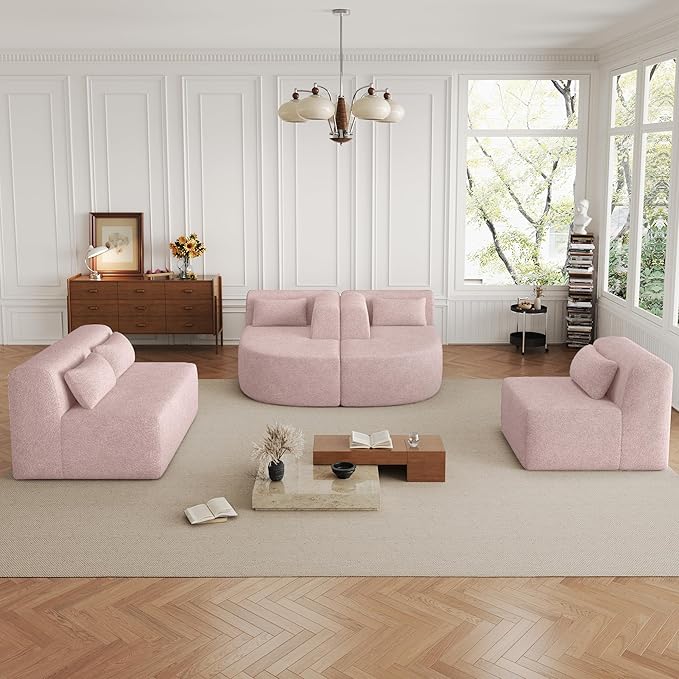 Modern 143.7 Upholstered Sectional SofaFree-Combined Sofa Couch with Two Chaise Lounge and Five Back Pillowsfor Living Room Bedroom (Pink#4)