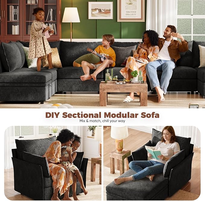 ABCASA Black Oversized Accent Chair with Removable &amp Washable Chenille Cover Modern Mid-Century Upholstered Armchair Deep Seat Comfy Reading Chair for Living Room Pet &amp Kid FriendlySet of