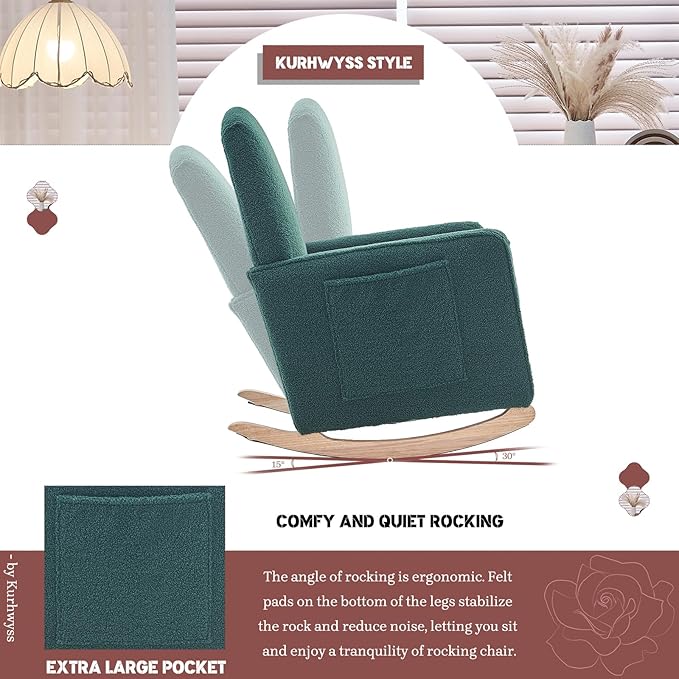 Modern Rocking Chair Nursery Comfy Glider Nursery Chair with Foot Rest Upholstered Rocker with Pocket Accent Reading Armchair with Solid Wood Base for Living Room Bedroom Lounge Room (Green)