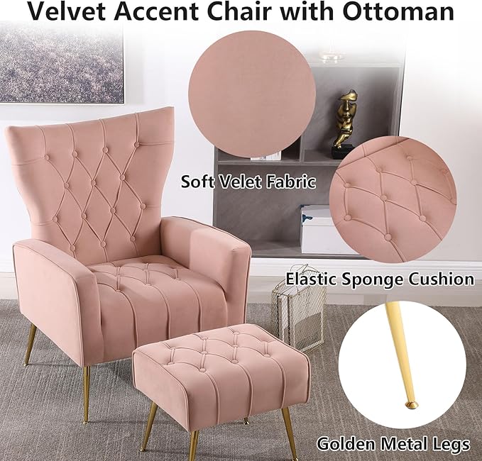 ODUWA Velvet Accent Chair with OttomanModern Accent Chairs with Armrests and BackrestButton Tufted ChairSingle Recliner Armchair with Ottoman for Living Room Bedroom Office