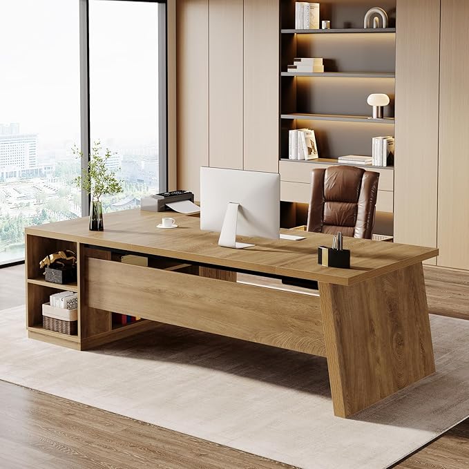 Tribesigns 77.9-inch Executive Desk with 2 Drawers Large L Shaped Computer Desk with Storage Cabinet and Shelves Business Furniture Workstation for Home Office (Light Brown)