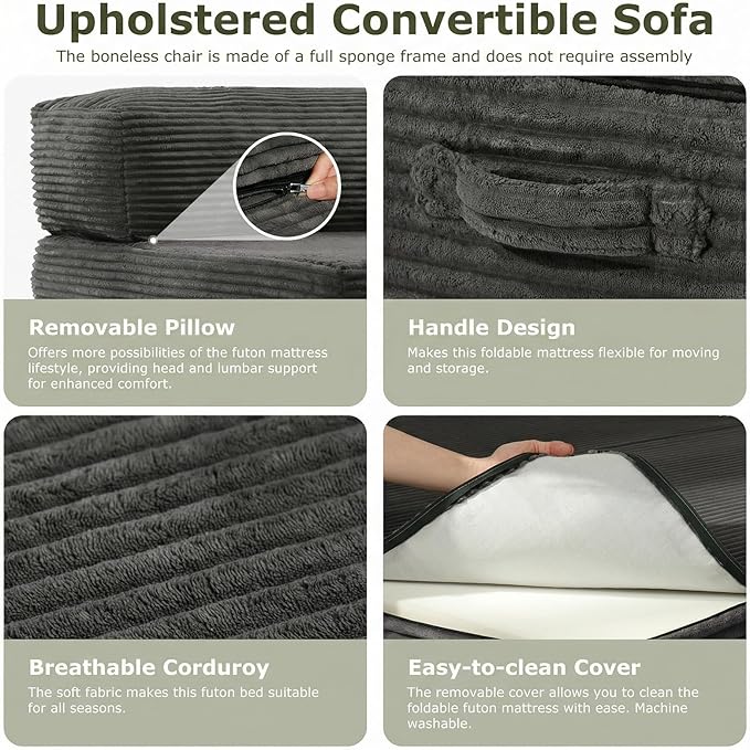 5-in-1 Convertible Sofa Bed Boneless Loveseat Sleeper Tri-fold Futon Sofa Bed with Removable Cushions &amp Washable Cover Pull Out Couch with Handle for Small Spaces Queen Size Grey