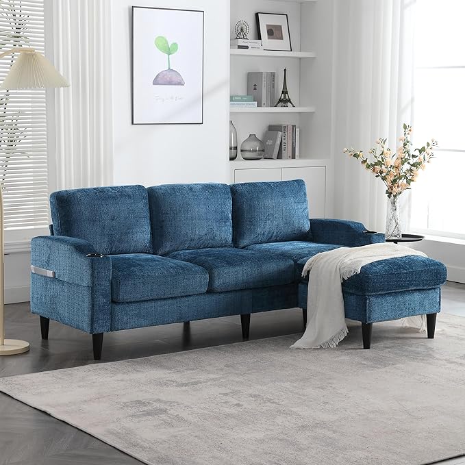 3 Seater Sectional Couch L Shaped Modular Couch with Solid Wood Frame Small Sofa with Storage Ottoman &amp Cup Holder &amp Side Pocket for Apartment Game Room Dormitory Room (Blue)