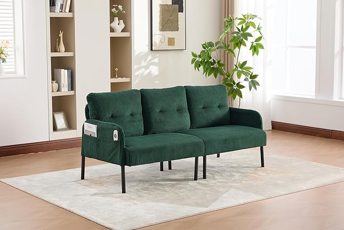 KEIKI 67 Corduroy Loveseat Sofa with Double Side Pockets &amp High Resilience Cushion Modern Style Upholstery Oversized 2-Seater Couch with Metal Legs Easy Assembly for Living Room Emerald