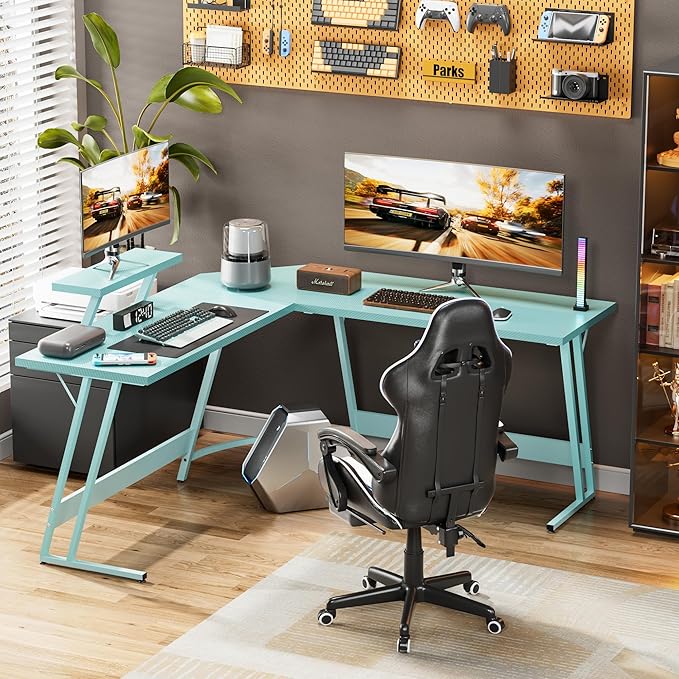Homall L Shaped Gaming Desk Computer Corner Desk PC Gaming Desk Table with Large Monitor Riser Stand for Home Office Sturdy Writing Workstation (Blue 51 Inch)