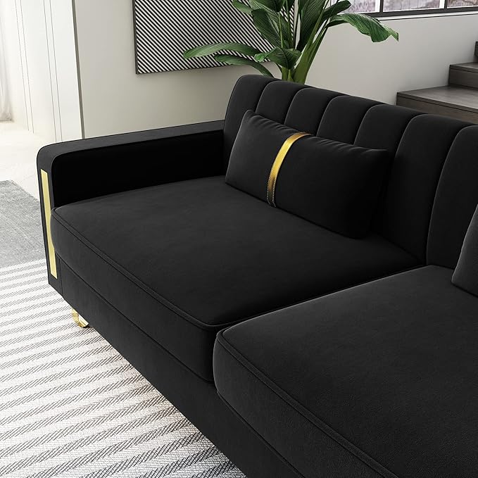 Modern Velvet Sofa Couch 86 Large Loveseat Sectional Sofa Couch with Gold Legs for 3-4 Persons Upholstered Deep Seat Love Seat Sofa Chaise for Living Room Office Apartment Black