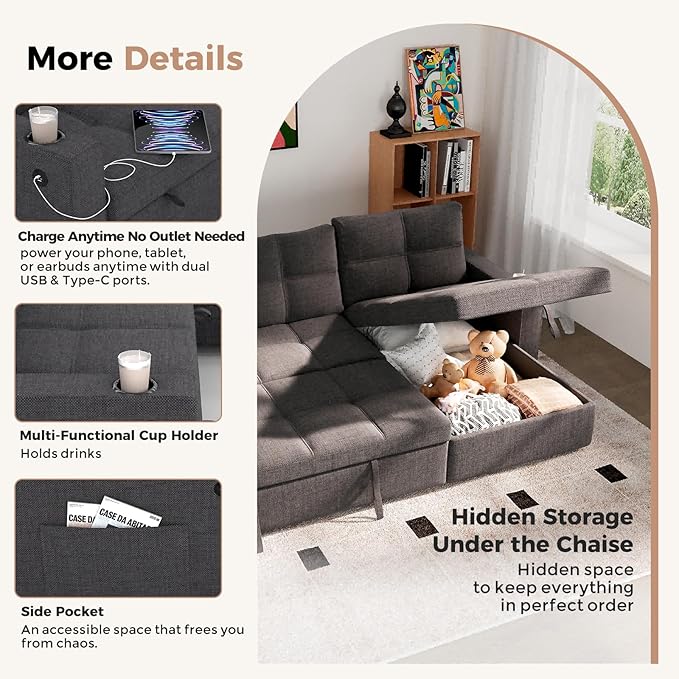 85 inch Sleeper Sofa Couch Bed with Storage ChaisePull Out Couch with USB ChargingSide PocketsConvertible Sectional Sofa for Living RoomApartmentSmall SpacesDark Grey