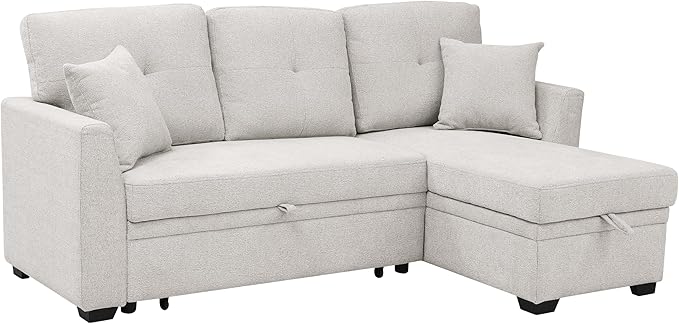 Convertible Sleeper Sofa Bed with Pull Out Couch L Shaped Couch with Chaise Storage Small Sectional Couches for Living Room Apartment | Linen Fabric | 76.5 | Beige