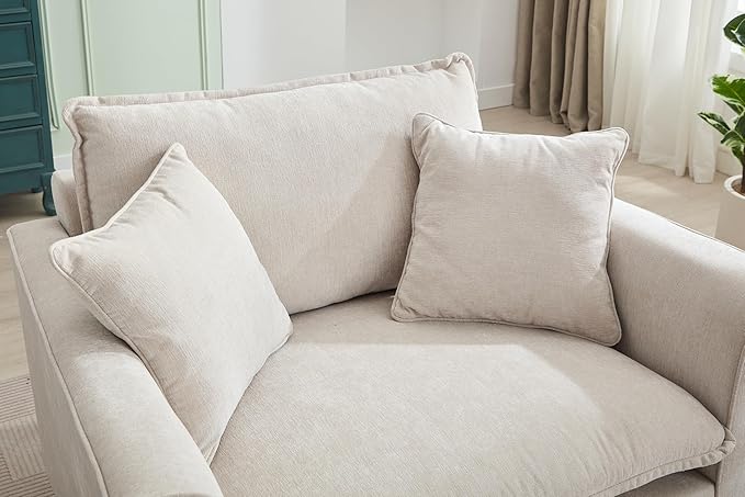 46.3 Inch Oversized Armchair Chenille Fabric Chair and a Half Single Sofa with Pillow Removable Washable Covers Rubberwood Legs Ruffled Armrests for Living Room Bedroom Office Apartment Cream