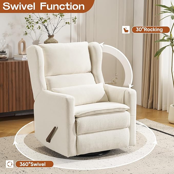 Swivel Rocker Recliner for Adults Glider Recliner Nursery Chair with Adjustable Headrest Manual Rocker Recliner with Cup Holder and Side Pockets White