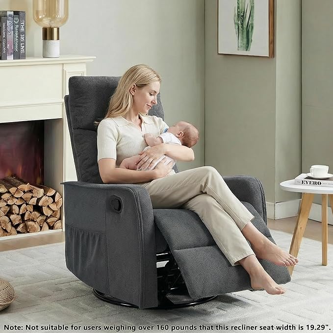Manual 360° Swivel Rocker Recliner Chair for Adults Overstuffed Glider Chair for Nursery with Vibration Massage and Heat Comfy Soft Fabric Glider with Side Pockets for Living Room Dark Gray