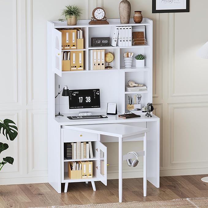 Modern Computer Desk with Hutch Drawer Shelves Storage Cabinet and 90° Rotating Desktop Executive Working Desk Gaming Desk Writing Desk for Home Office Study Room Living Room
