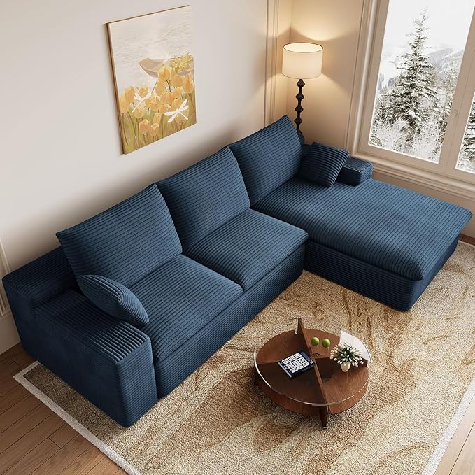 107 Cloud Couch Modular Sectional Couchs with Chaise Lounge L-Shape Boneless Couches for Living Room Corduroy Sofa with Deep Seat No Assembly Required (Blue Right Facing Chaise)