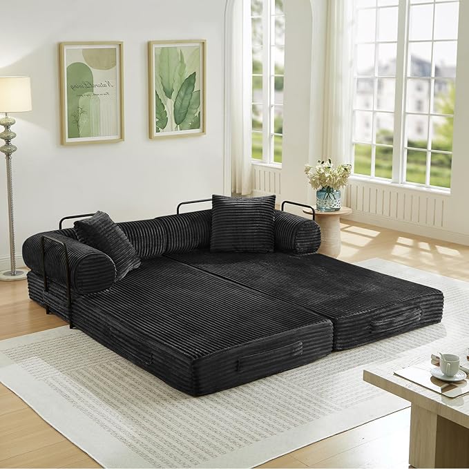 Modular Couch Bed Convertible Folding Plush Corduroy Comfy Floor Memory Foam Compression Loveseat Sleeper Sofa Couch King Size Bed for Guest Room Living Room Bedroom No Assembly Required Black