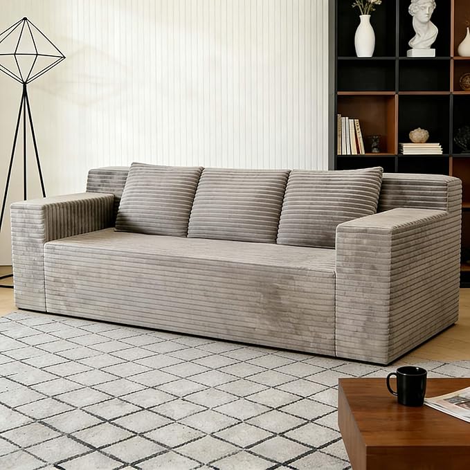71 Boneless Couch for Living Room3 Seater Cloud Couch Corduroy Sofa in a Box with Deep Seat Frameless Memory Foam Floor Sofa with Armrests &ampThrow Pillows for ApartmentNo Assembly Required (Cam
