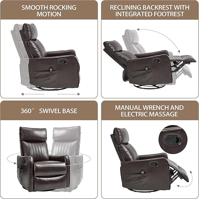 PELUMY 360 Swivel Rocking Recliner Chair for Adults Nursery Rocking Chair with Heat and Massage Glider Reclining Chair for Small Space Living Room Bedroom (Breathable Leather Dark Brown)