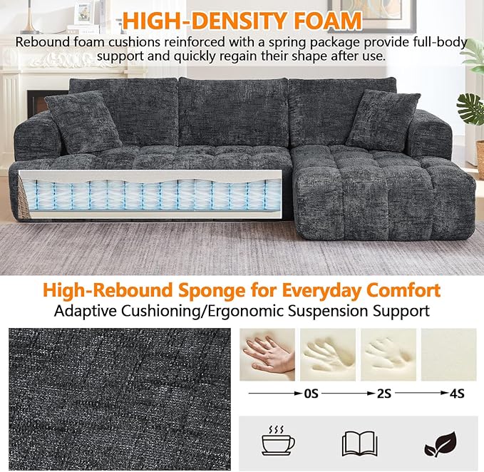 Luxury 108 L Shape Boneless Couches for Living Room Chenille Modular Sectional Cloud Sofa Couch W/Deep Seat &amp Pillows Memory Foam Couch W/Oversized Chaise (Grey Right Facing Chaise)