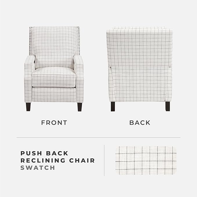 Lexicon Pushback Recliner Chair Plaid Textured Fabric Armchair Push Back Reclining Chair Nailhead Trim Solid Wood Legs Easy Assembly for Living Room/Office/Apartment Off-White