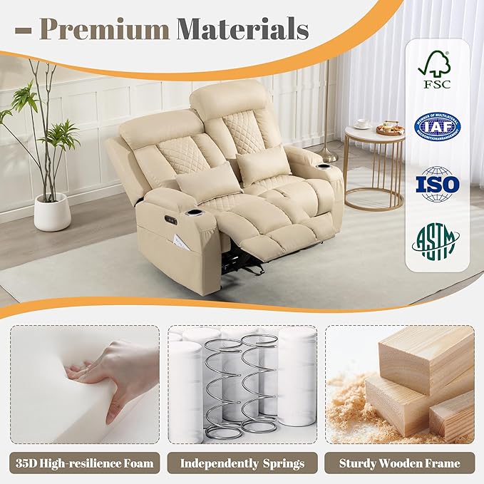 Zero Wall Hugger Power Reclining Loveseat with Adjustable Headrest Power Loveseat Recliner Sofa with USB&ampType-C Ports Wall Hugger Loveseat Recliner for Living Room(Beige 2 Seater)