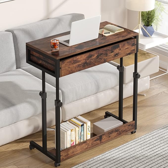 Tribesigns Portable Desk with Drawers Mobile Laptop Desk with Wheels Sofa Side Table Small Portable Standing Rolling Table for Home Office
