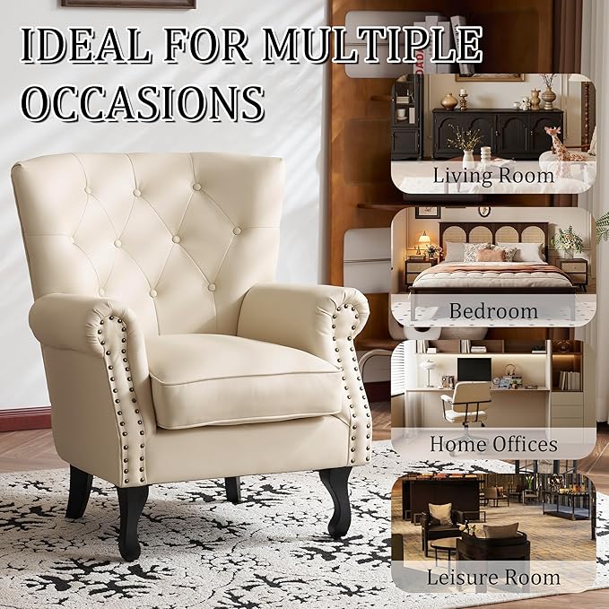 Modern Accent Chair Set of 2 PU Leather Armchair with Solid Wood Legs Sofa Chair for Living Room Bedroom Leisure Room Reading Room(Ivory White)