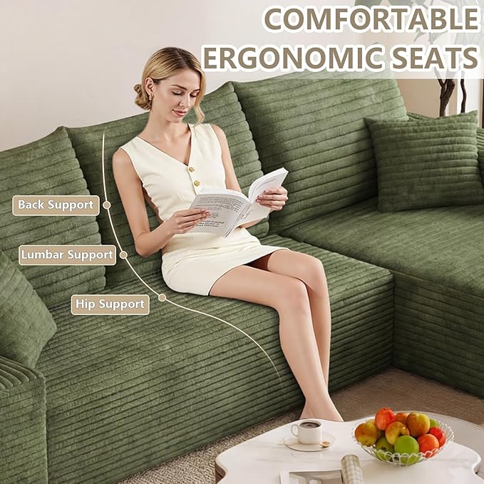 95 Modular Sectional Sofa Cloud Sectional Couch with Deep Seat Corduroy Boneless Couch with L-Shape Sofa for Living Room No Assembly Required(Green Right Facing Chaise)