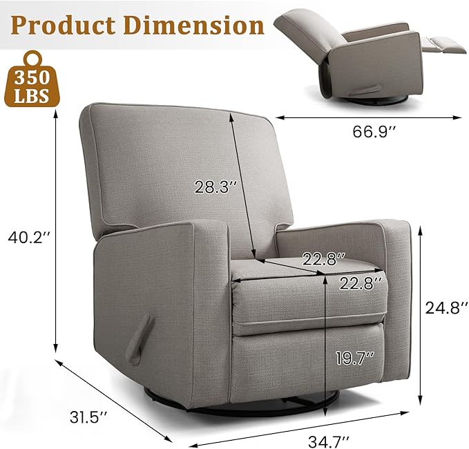 Swivel Rocker Recliner Chair for Adults High Back Fabric Recliner with Deep Seat Manual Glider for Living Room &amp Nursery Grey