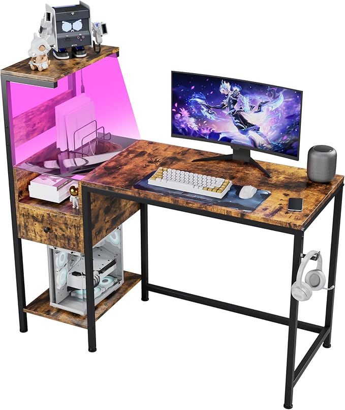 Computer Desk with Power Outlet &amp Storage Shelves Study Writing Table with USB Ports Charging Station PC Desk Workstation for Home Office Brown