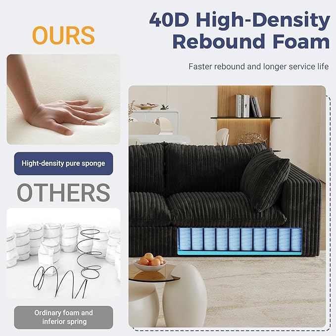 118.2 Modular Boneless Sofa 3 Seater Cloud Sectional Couches for Living Room Deep Seat Corduroy Upholstered Couch Furniture Set No Assembly Required (Black 3 Seater)