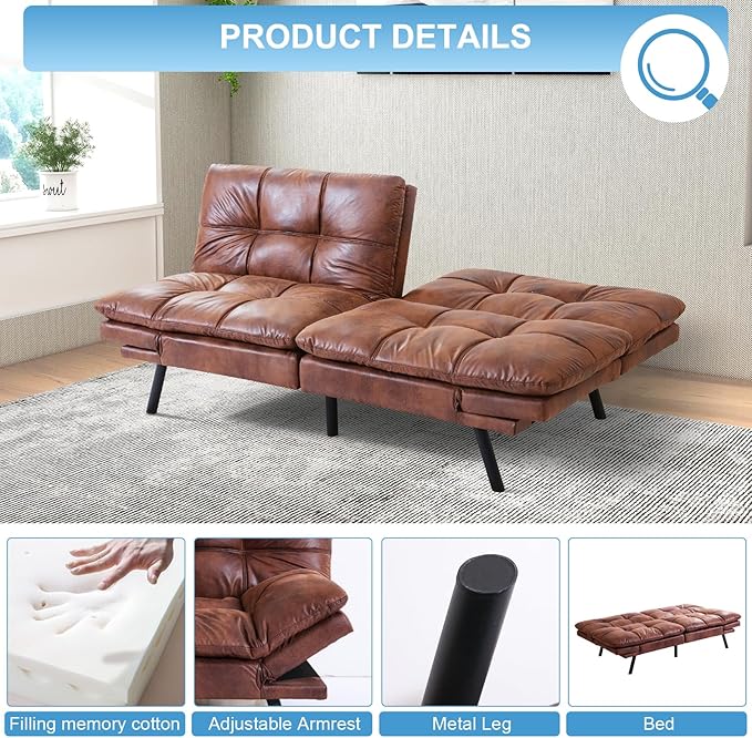 MUUEGM Futon Sofa Bed Couch Sofa Memory Foam Futon Sleeper Sofa Loveseat Convertible Couch Bed for Small Compact Spaces Apartment Brown