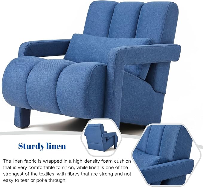 Modern Upholstered Accent Chair with Pillow - Comfortable and Sturdy Linen Fabric for Living Room Bedroom Office and More (Navy Blue)