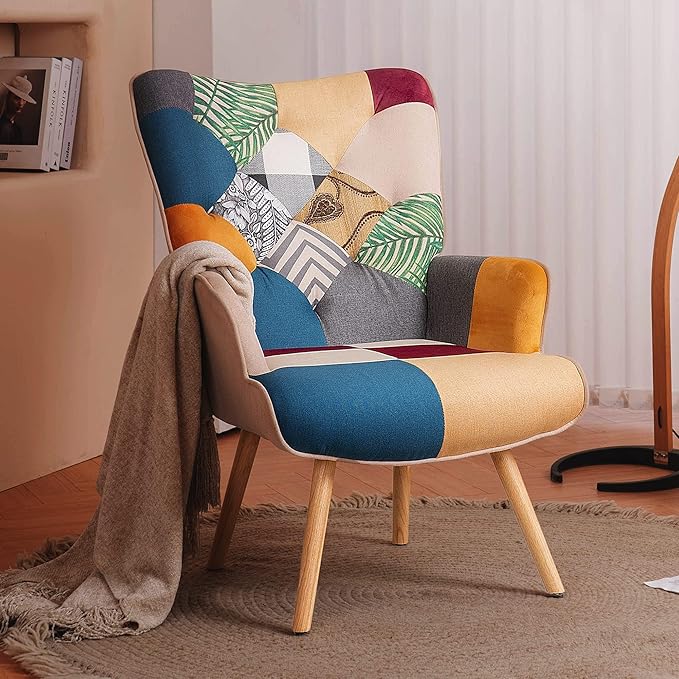 Joysoul Living Room Accent Chair Modern High Back Arm Chair Colorful Plaid Bohemian Style Chairs for Bedroom Waiting Room