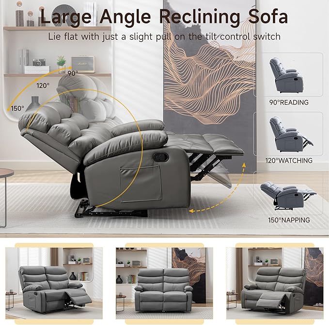 Reclining Loveseat Leather Double Recliner Sofa with Side Pocket Wall Hugger Loveseat Recliner for Living Room RV Home Theater(Grey)