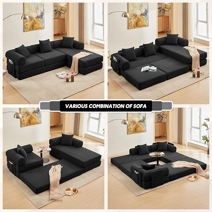 L Shaped Convertible Modular Sofa Bed with Cylindrical Pillow &amp Reversible Chaise Corduroy Folding Floor Sofa Couch Bed with Fixed-Shape Frame &amp Storage Pocket for Living Room Black