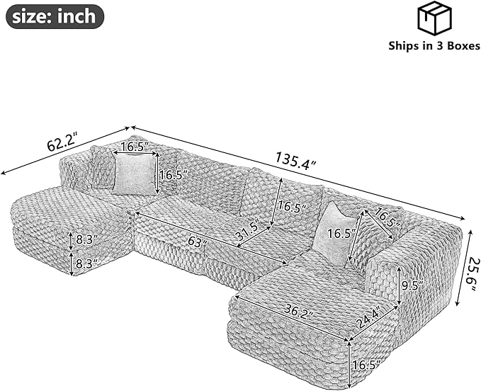 135.4 Oversized Bubble Velvet Modular Sectional Sofa Boneless Extra Deep Seat Cloud Couch U Shaped Convertible Floor Sofa with 2 Ottomans for Living Room No Assembly Needed (Blue)
