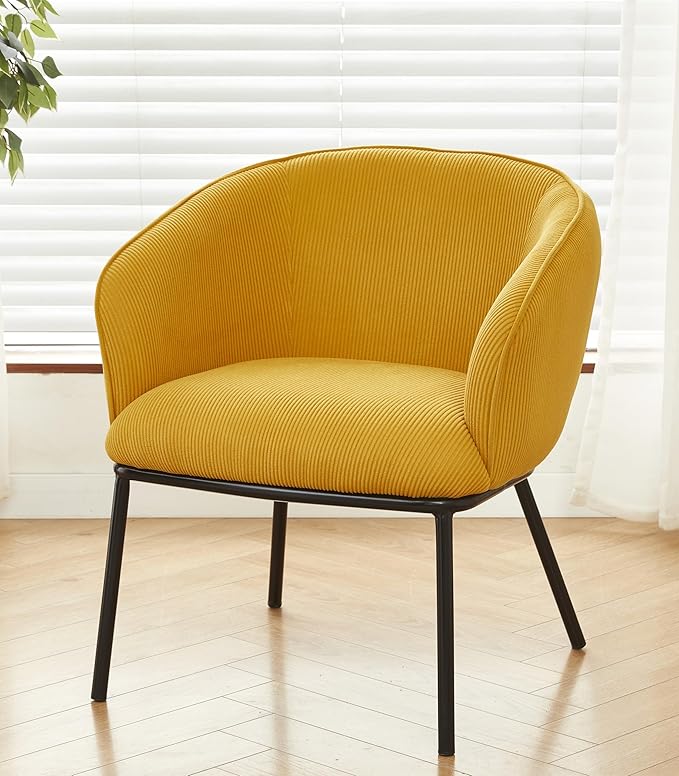 Modern Corduroy Accent Chair with Channel Back Design Black Metal Legs and Soft Upholstery Comfortable Seating for Living Room Bedroom or Office Yellow