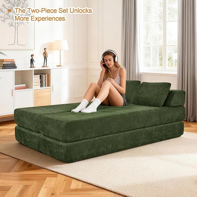 2-in-1 Daybed Sofa Chair Bed with Lumbar Pillow Queen Size Sofa Bed Chaise Lounge Chair Queen Sleeper Chairs Comfy Floor Couch for Living Room Bedroom Office Study (Chenille Green)