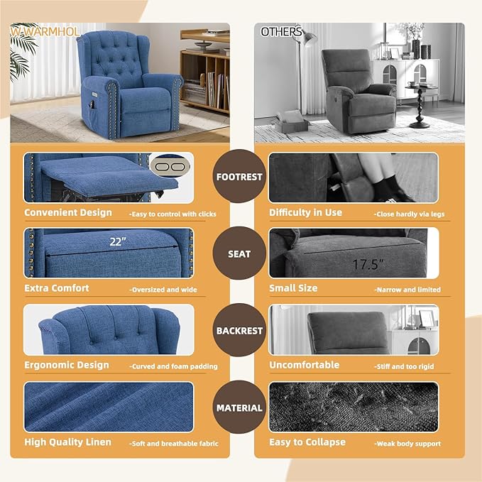 Power Swivel Rocking Glider Recliner Chair Electric Nursery Reclining Sofa Chair with Heat and Massage Wingback Tufted Upholstered Recliner for Living Rooms USB and Type-C Port Blue