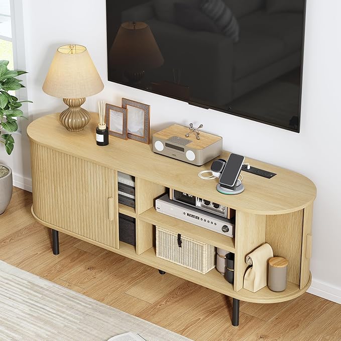 55 TV Stand with Power Outlet Modern Media Console with Sliding Doors Entertainment Center for TVs up to 60 Inch Adjustable Shelves Oak