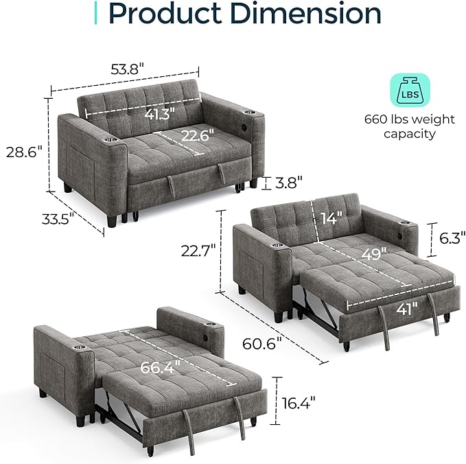 LINSY Sleeper Sofa Bed 54 Pull Out Couch with Charging Station &amp Cup Holder Small 3 in 1 Convertible Loveseat Sleeper Couch for Apartment Dorm Room Bedroom and Small Space Chenille Gray